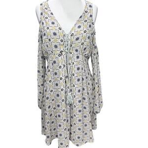 Sadie & Sage Dress Womens L Cream Mustard Cold Shoulder Floral‎ A Line Boho NEW